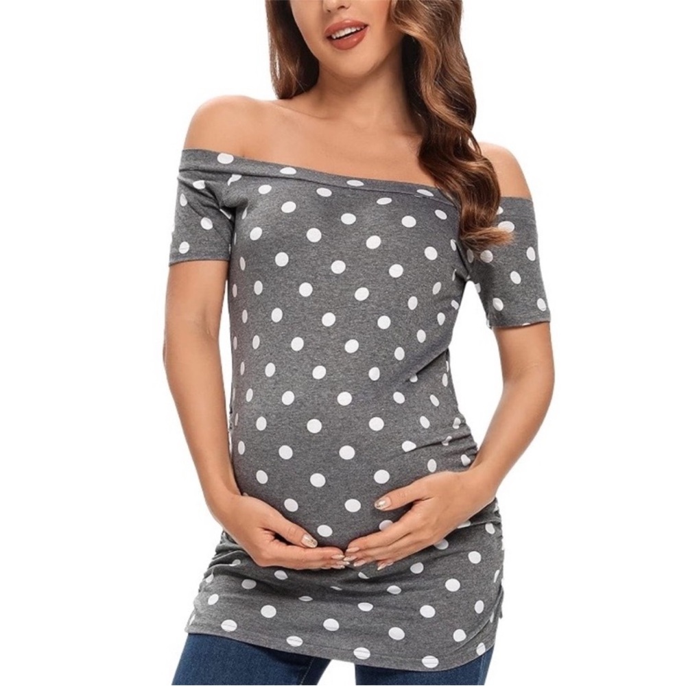 NEW! Maternity Top Off Shoulder Short Sleeve Side Ruched Gray White Polka Dot XL